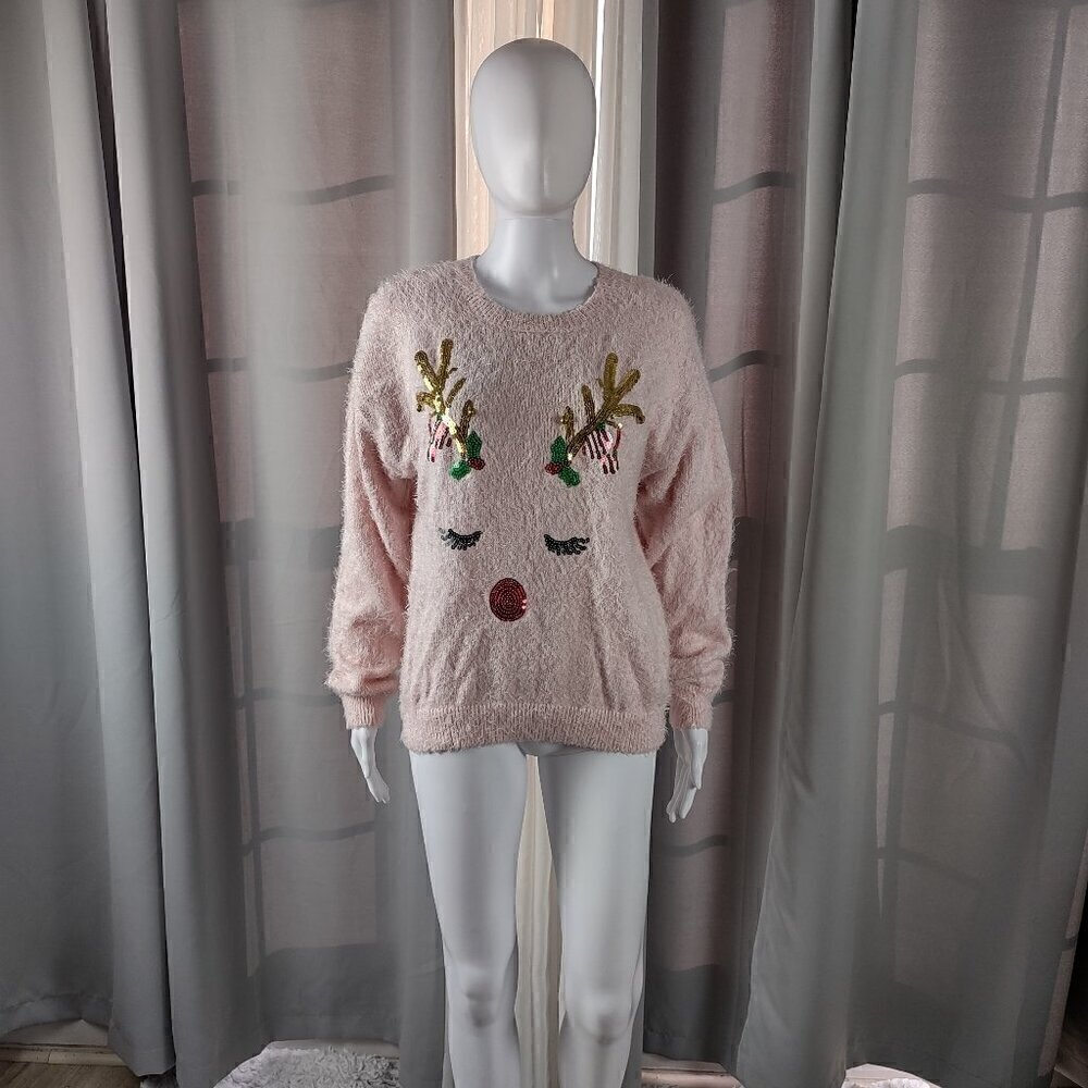 Holiday Time Pink, Shaggy, Reindeer Themed, Holiday Sweater Size L (12-14)
